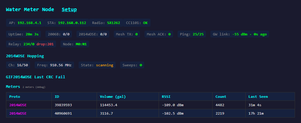 The same Node dashboard in debug mode: the Meters table reads '2 meters (debug)' and now also lists meter 39839593, a neighbor's meter the radio can hear but normally hides.