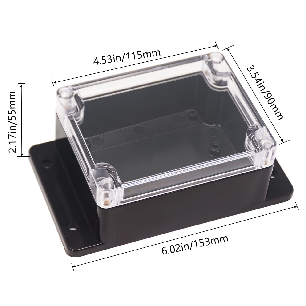 Vendor product photo of the SL1300-series clear-lidded plastic project box with dimension annotations: 4.53 inches (115mm) long, 3.54 inches (90mm) wide, 2.17 inches (55mm) deep, with a flanged base extending the overall length to 6.02 inches (153mm).
