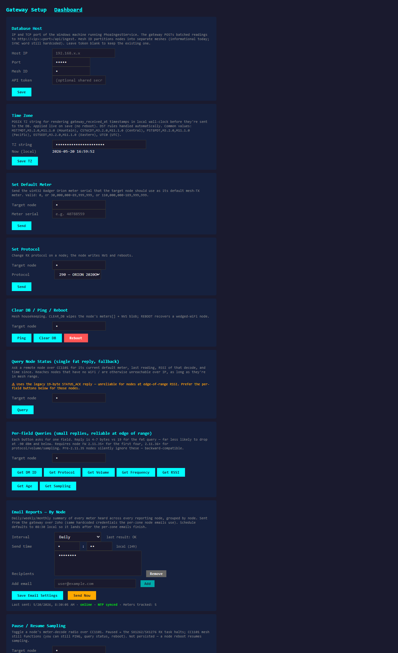 Gateway /setup configuration page: Database Host (ingest service target), Time Zone, Set Default Meter, Set Protocol, Clear DB / Ping / Reboot, Query Node Status, Per-field Queries, and Email Reports cards.