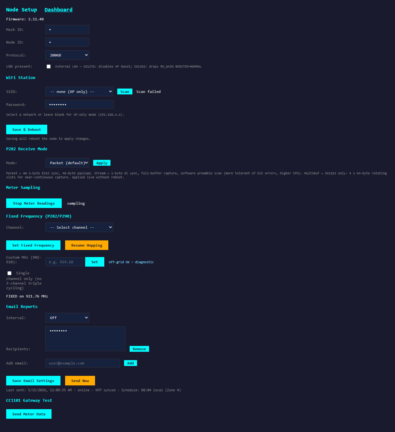 Node /setup configuration page: firmware version, mesh/node IDs, ORION protocol selector, WiFi station credentials, P282 receive mode, fixed-frequency channel selector, and email-report configuration.